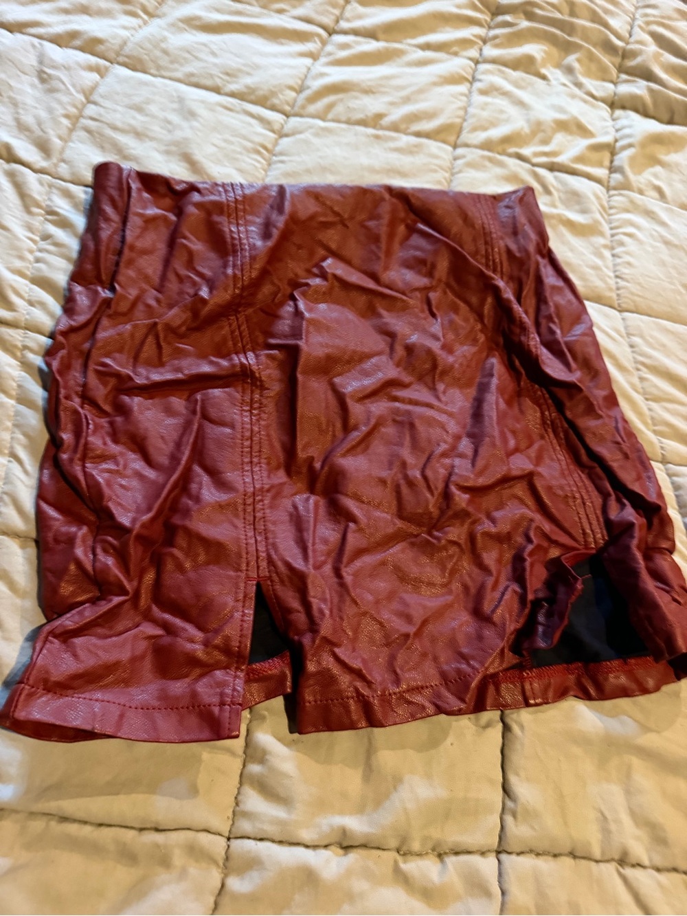 Women's Burgundy Faux Leather Mini Skirt with Front Slit
